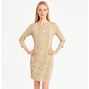 J.McLaughlin Catalina Cloth Ruched Snake Print Dress sz Medium Beige 3/4 sleeves